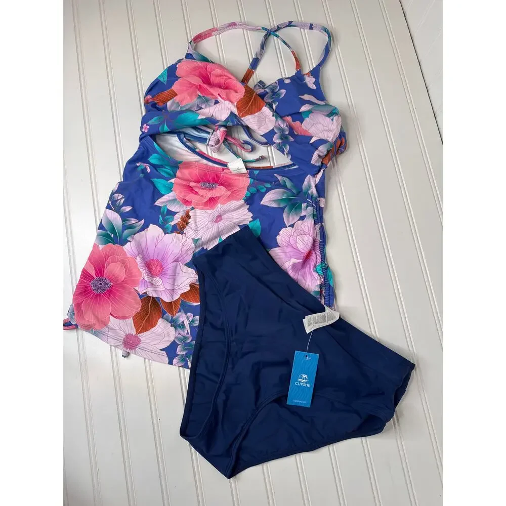 NWT Cupshe Two Peace Swimsuit Bikini Tankini & High Waisted Bottom BUNDLE Size M